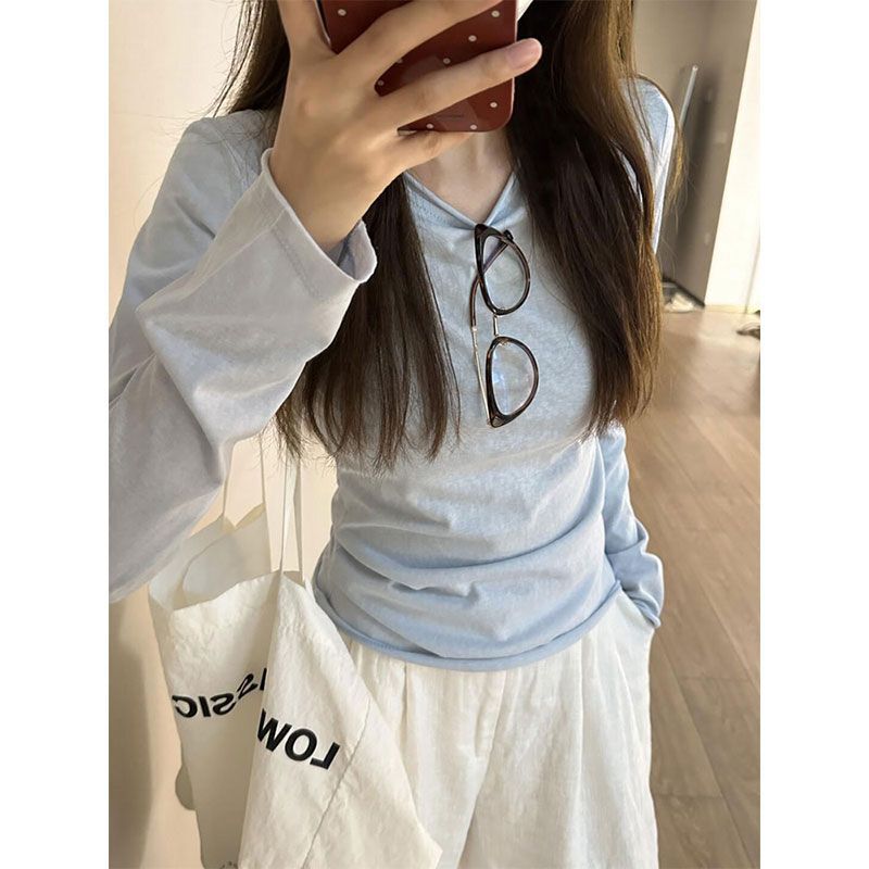 浅蓝色卷边长袖T恤女2025秋季防晒罩衫春秋韩系百搭薄款打底上衣|undefined