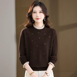 100%纯羊毛半高领针织衫秋冬宽松大码打底衫套头毛衣女上衣妈妈装