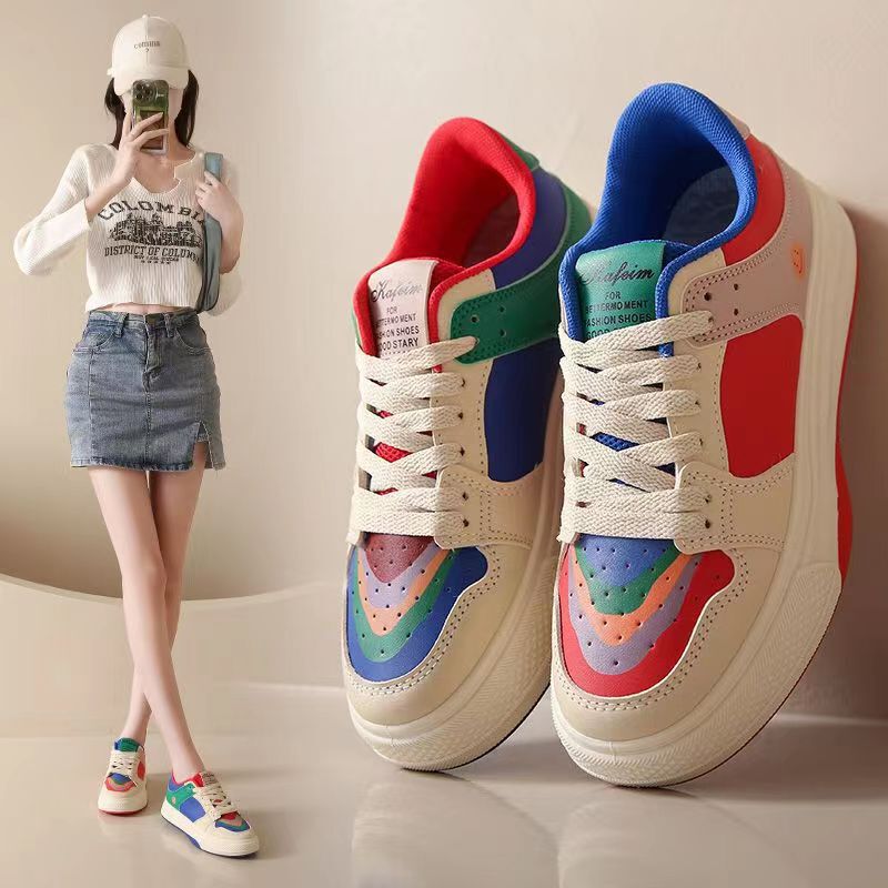 Autumn new fashion all-matching Internet celebrity casual women's fashion rainbow sneakers Korean style Mandarin duck flat white shoes for women