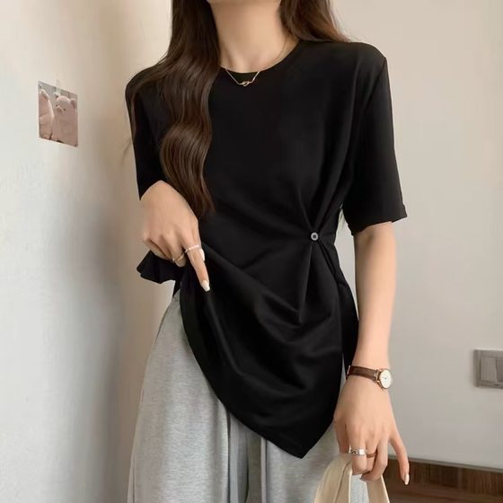 Breastfeeding Top Summer Round Neck Short-sleeved T-shirt Split Design Sense Casual Slimming Postpartum Breastfeeding Clothes Going Out Trendy Mom