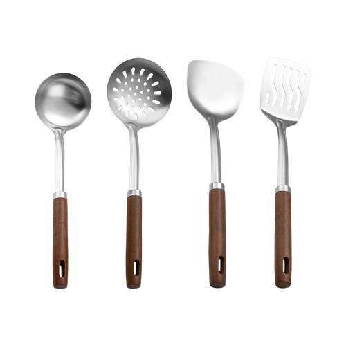 Stainless steel thickened non-magnetic solid wood handle kitchen cooking spatula for frying pans, cooking spoons, soup spoons, and hot pot spoons