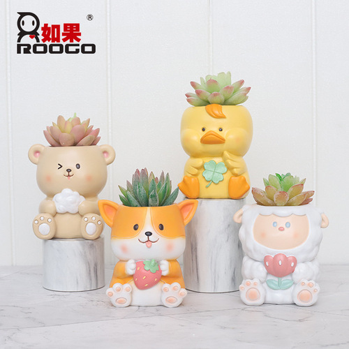 Cartoon resin succulent flowerpot creative gardening micro-landscape handmade succulent green plant container succulent small potted flower holder