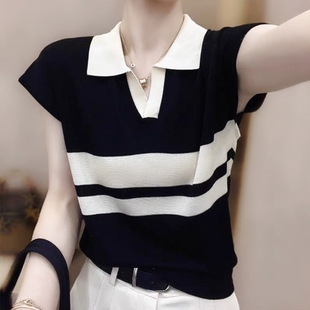 2025 Casual Casual Black and White Striped Lapel T-Shirt Summer Women's Loose Slimming Small Flying Sleeve Top Thin