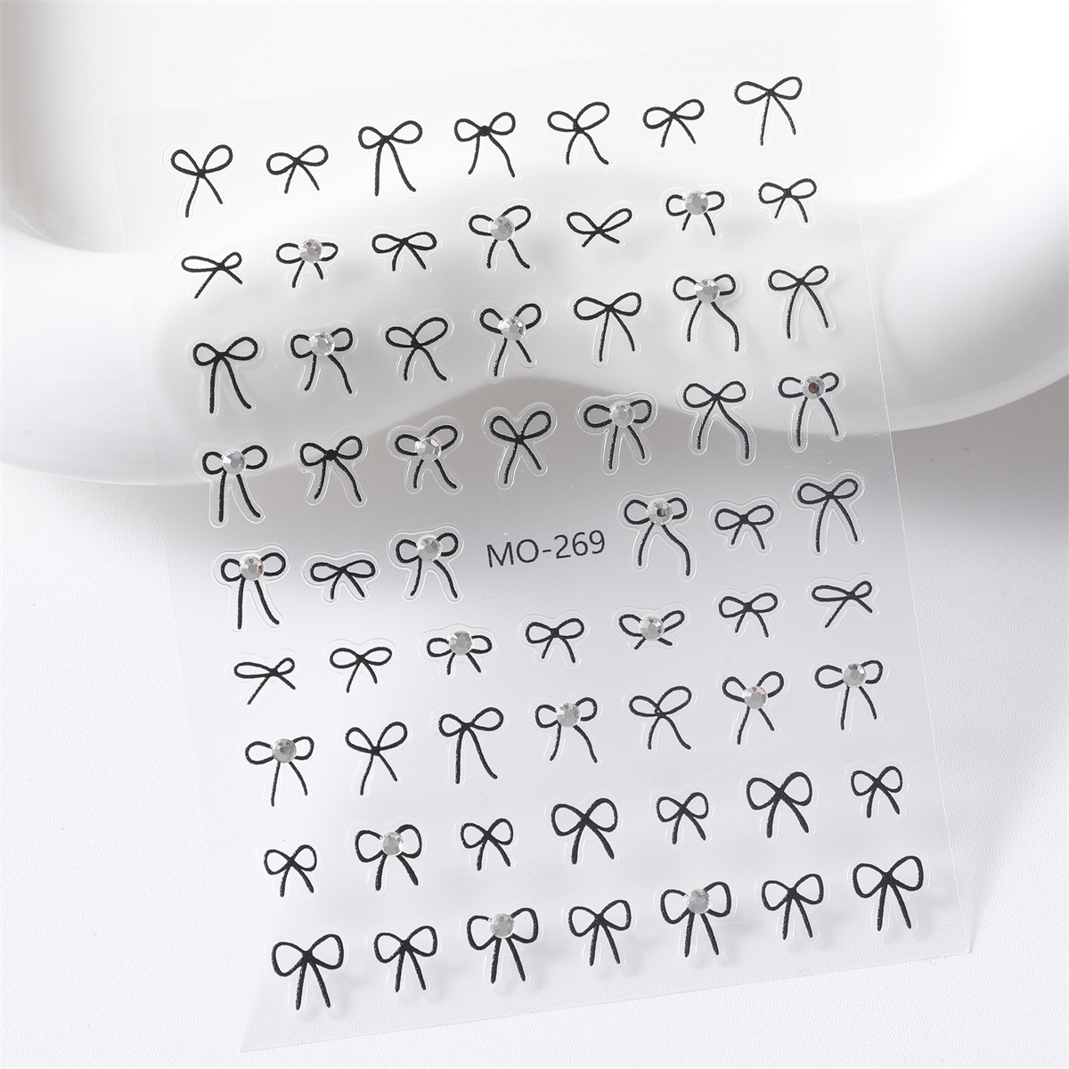 Etiqueta engomada de uñas con lazo de diamantes de cristal de estilo caliente de celebridades de Internet Etiqueta engomada de decoración de uñas en relieve simple japonesa en blanco y negro con diamantes
