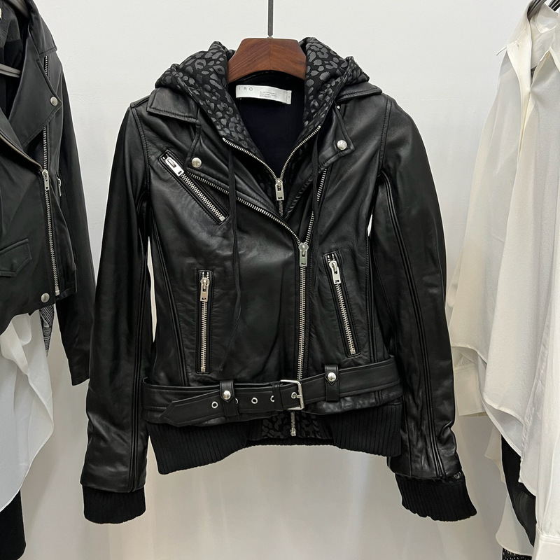 Tail Single Tooling Hooded Slant Placket Zipper Long Sleeve Leather Jacket