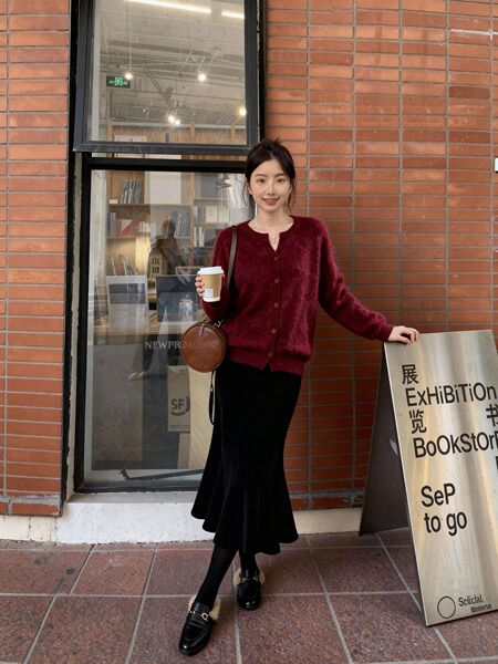 韩式羊绒拉绒毛衣圆领百搭开衫外套女慵懒风打底衫羊绒开衫女