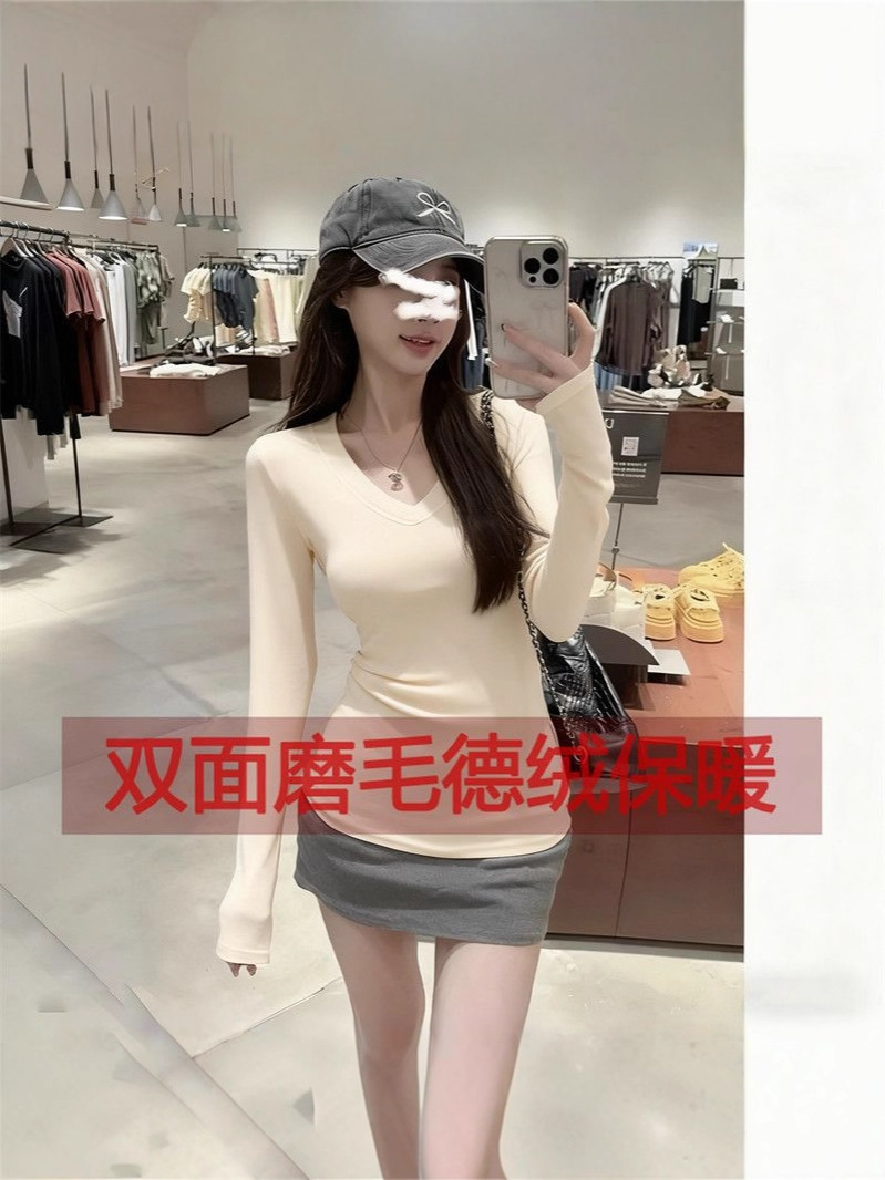 Korean-Style Simple Slim-Fit Long-Sleeve V-Neck Base Layer T-Shirt Thin Top for Commuting, Sweet Ins Style