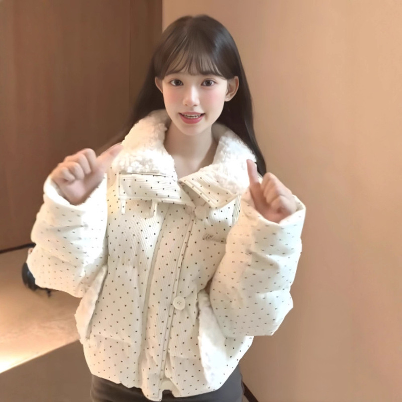 甜美波点羽绒棉服女2025冬季新款加厚面包服棉袄翻领短款棉衣外套|undefined