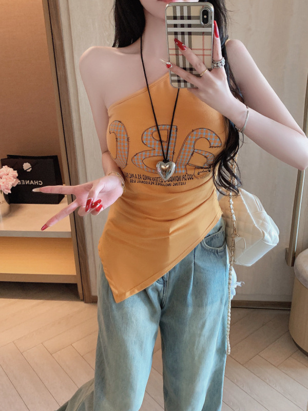 街头风辣妹斜肩不规则吊带背心女夏季内搭美背文胸一体带胸垫上衣|undefined