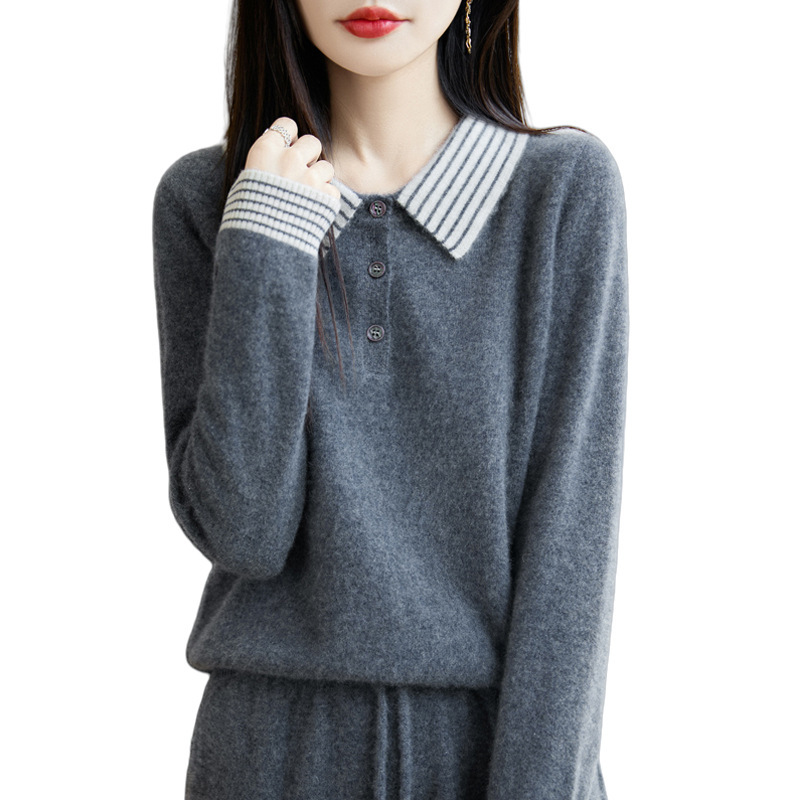100%纯羊毛2025秋冬新款女士宽松拼色Polo翻领短款打底针织衫毛衣|undefined