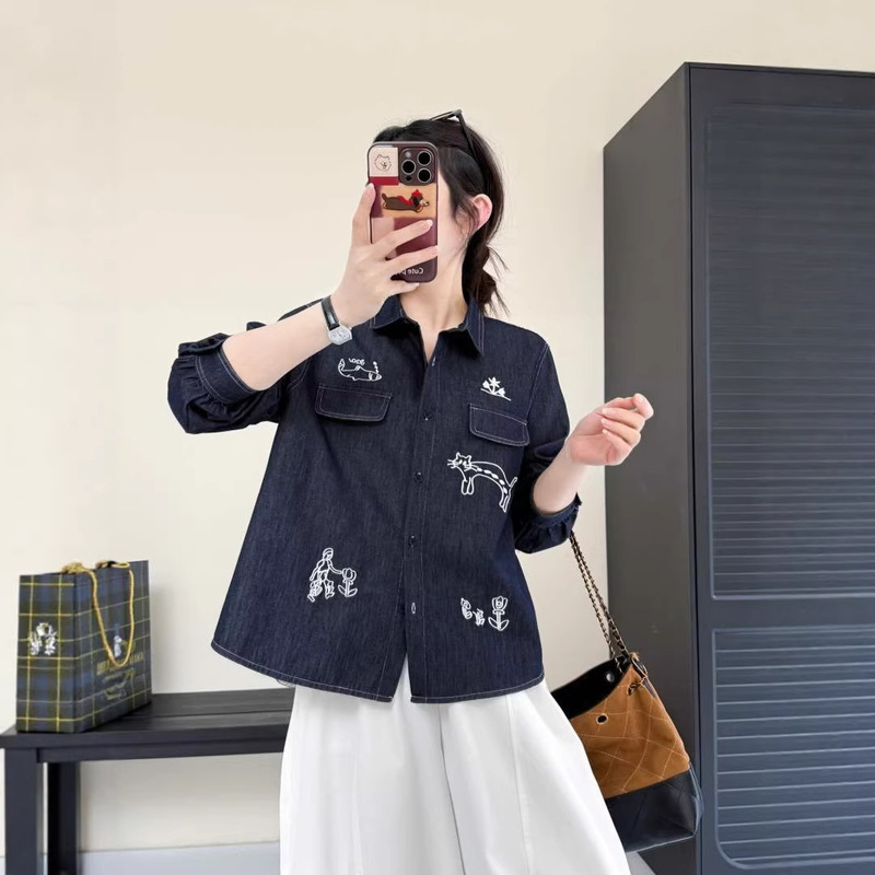 Denim Shirt 2026 Spring New Style Fashionable Cartoon Flower Lapel Long-Sleeved Cardigan Casual Top for Women 6830
