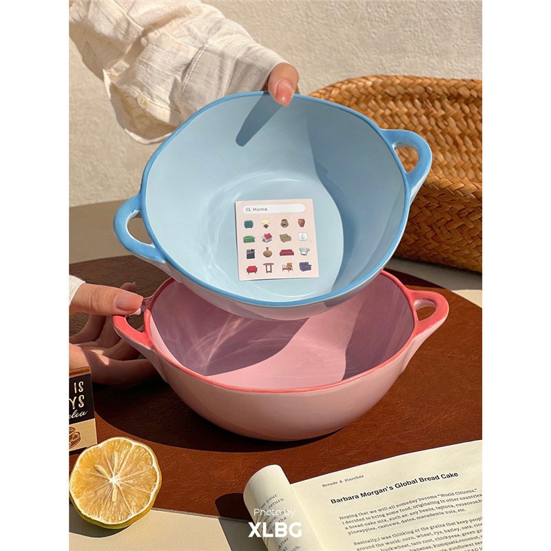 ins风描边双耳碗陶瓷沙拉碗面碗高颜值饭碗餐具泡面碗螺蛳粉汤碗