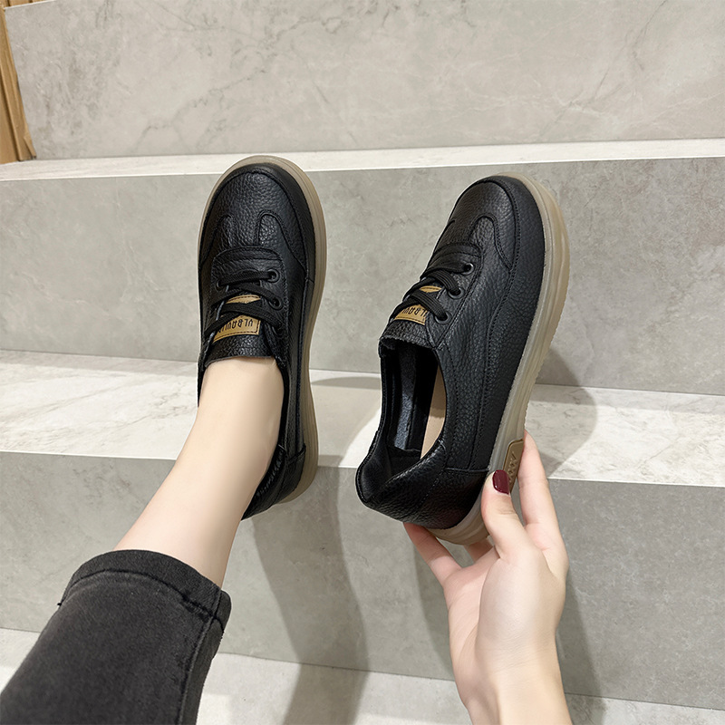 头层牛皮真皮小白鞋女2025新款软底休闲单鞋大码牛筋系带懒人鞋女|undefined
