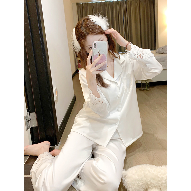 Ready-Made Casual Style Loose Suit Collar with Lace Shirt Satin Draped Wide-Leg Pants Long Pajamas Home Wear Set Ready-Made Casual Style Loose Suit Collar with Lace Shirt Satin Draped Wide-Leg Pants Long Pajamas Home Wear Set