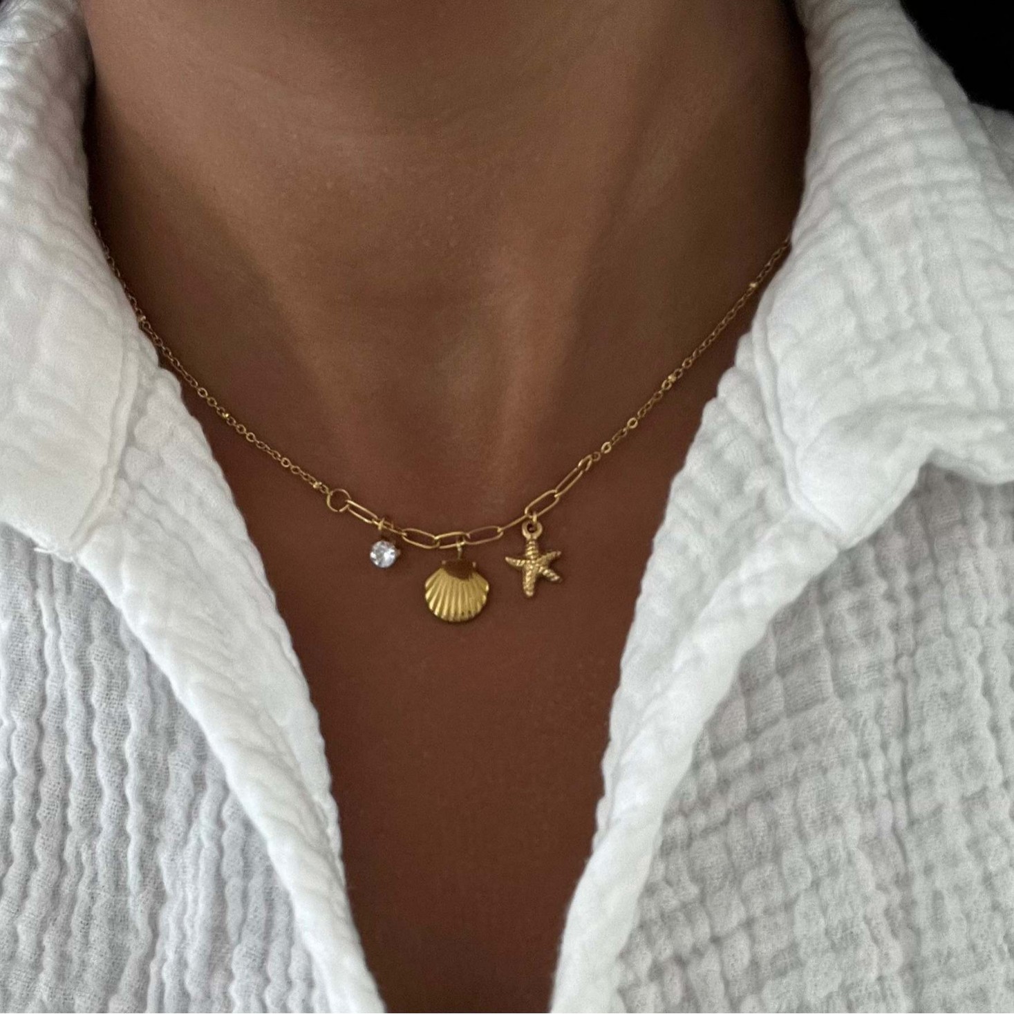 Multi Charms Necklace Classification 201 Stainless Steel Chain Material Ion Plating (IP) 18K Gold Plated Scallop Starfish 201 Stainless Steel Vacation Marine Style Waterproof Non Tarnish Multi Charms Necklace