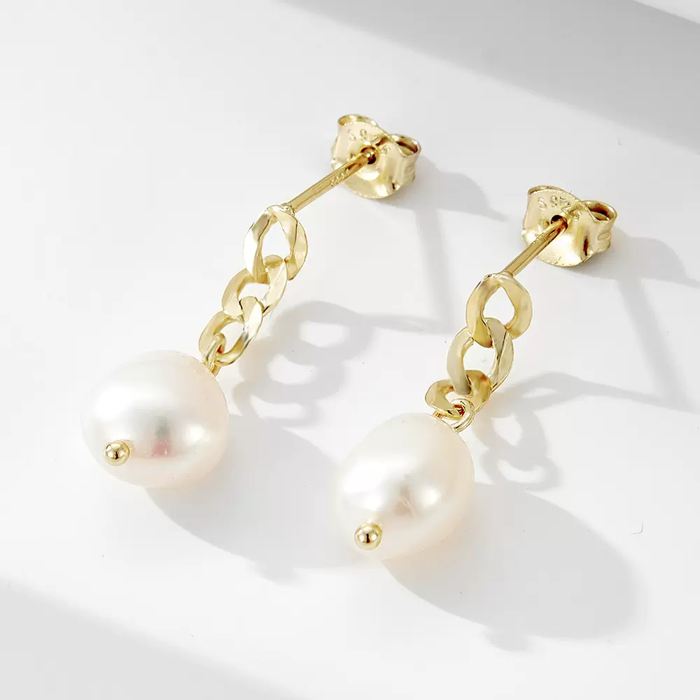 925纯银天然强光淡水巴洛克珍珠耳环女欧美ins古巴链长款耳坠耳饰