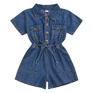 21 New Korean Style Summer Casual Girls Short Sleeve Conjoined Children Denim Shorts Cotton