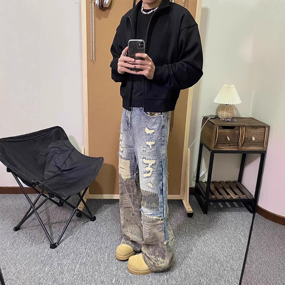 American Retro Fake Two-piece Jeans Design Sense Premium Camouflage Splicing Ripped Men's Cleanfit Straight Pants_viptrois.com