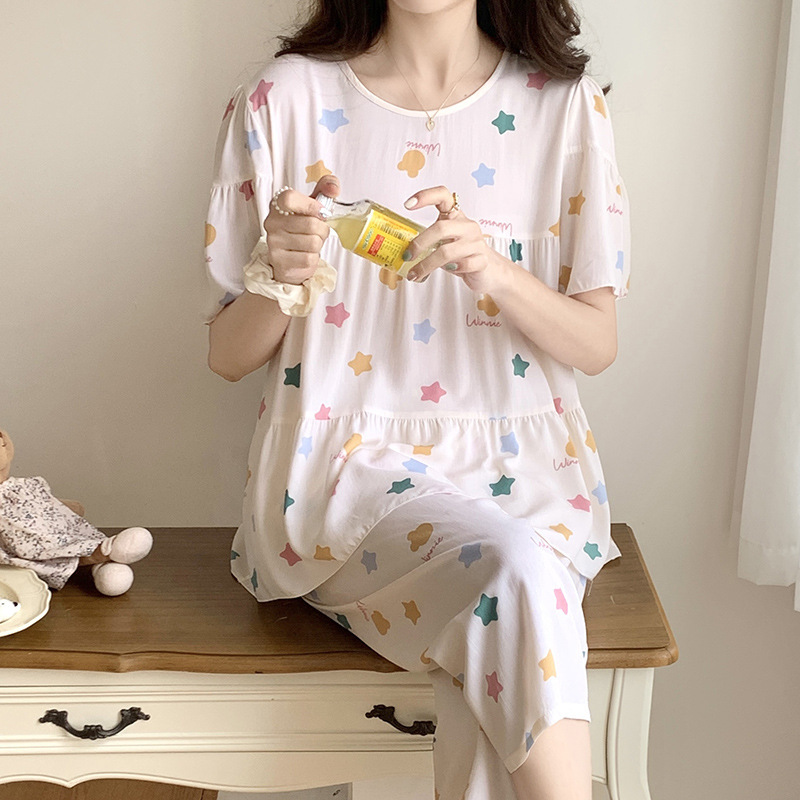 Pijamas de seda de algodón de manga corta de verano Estilo occidental de las mujeres aire acondicionado Delgado desgaste del hogar Chica japonesa dulce estudiante de algodón traje de seda