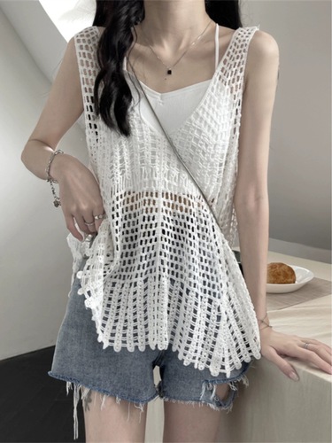 复古民族风针织吊带性感海边外穿镂空美背心夏季格子米白色上衣
