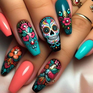 Mid-Length Ballet Fake Nails Painted with Skulls, Colorful Florals, Sweet and Cool Sexy Ins Style Pure Desire Wearable Nails