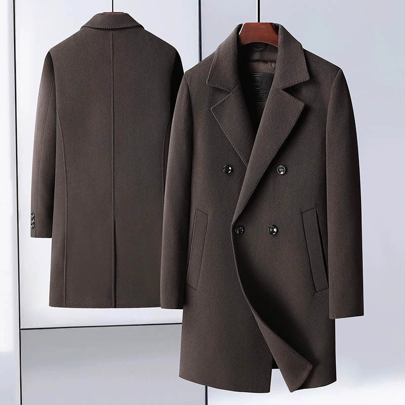 Мужское двухстороннее шерстяное пальто ручной работы двубортное длинное колено