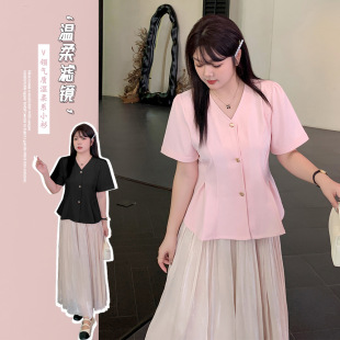 W1179 Xuan Chen Chubby plus size chubby girl Women's Summer New Gentle Solid Color Waisted French V-neck Shirt Top