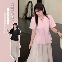 W1179 Xuanchen слегка толстый большой размер толстый MM женский летний новый нежный сплошной цвет талии с V-образным вырезом блузка