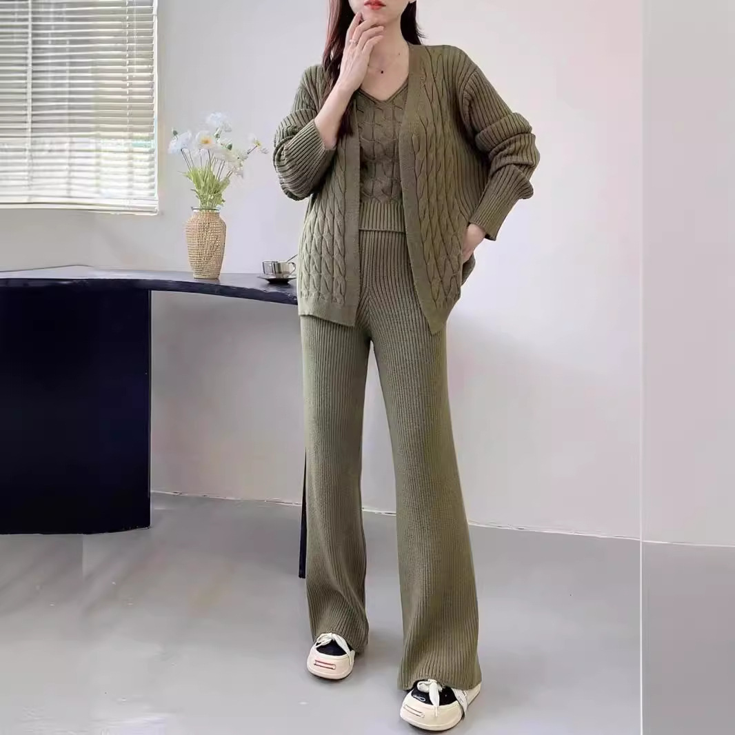 Autunno Inverno Lazy Maglia Donna Cardigan Largo Cinghie Fondo Camicia Pantaloni Gamba Larga Estesi Set Pezzo_voghion.com