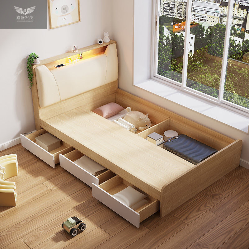 Cama de almacenamiento de cama individual, cama tatami moderna y simple, estante de libros, cama en un dormitorio multifuncional con iluminación, caja alta de almacenamiento
