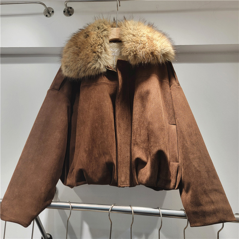 Estilo europeo y americano de alto nivel desmontable cuello de lana de peluche grueso chaqueta de algodón de mujer perezosa chaqueta corta de moda
