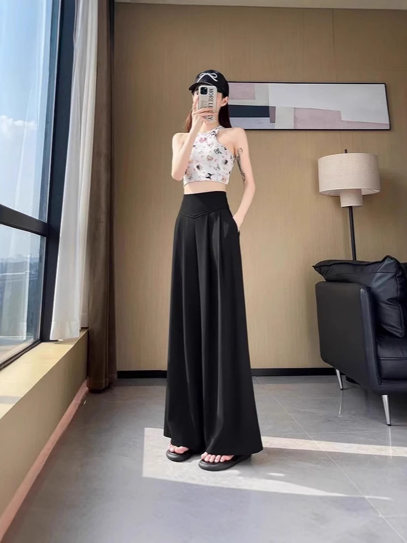 Pantalones de traje gris de alta calidad para mujeres de verano delgados pantalones de piernas anchas abdominales de cintura alta colgante sensación suelta de toallas casuales