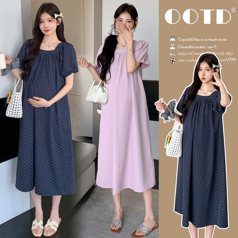 Maternity Dress 2025 Summer Style Printed Polka Dot Pregnant Mother Version Elegant High-End Retro Maternity Mid-Length Dress