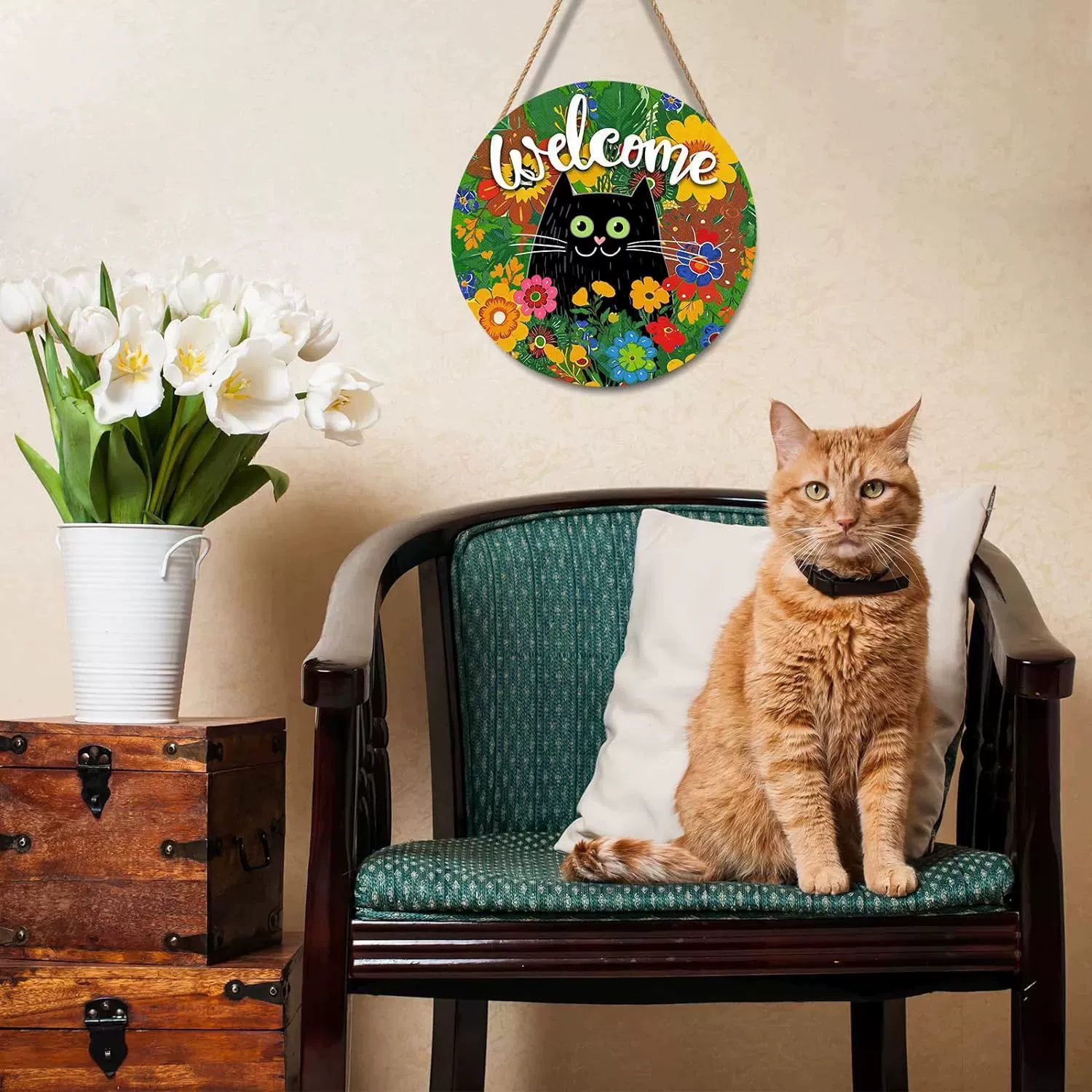 Украшение двери с черным котом, весенне-летняя дверь, уличная летняя деревянная гирлянда в стиле фермерского дома, красочное настенное украшение