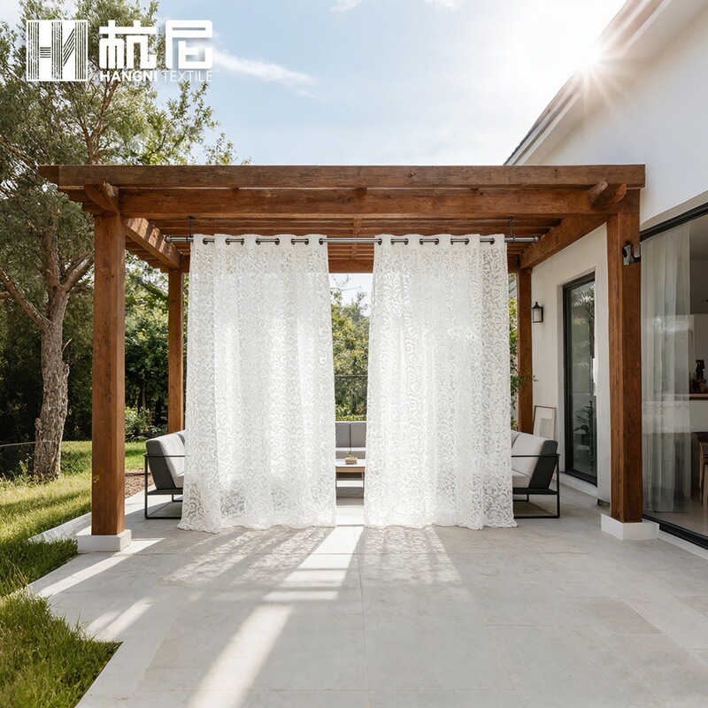 Cross-border American-style three-dimensional jacquard scroll pattern perforated outdoor curtains for courtyard pavilions, sun-blocking finished translucent sheer curtains