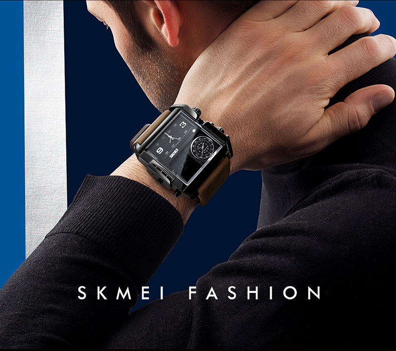 Men's Quartz Watch Square Gold Dial Leather Strap Waterproof_voghion.com