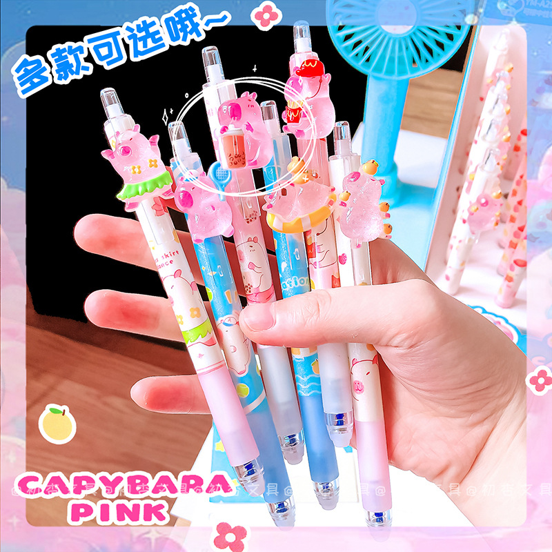 Youmei 2977 Capybara Summer Washable Pen 0.5mm Crystal Blue Heat Erasable Ins Cartoon Cute Mo Erasable Click Pen