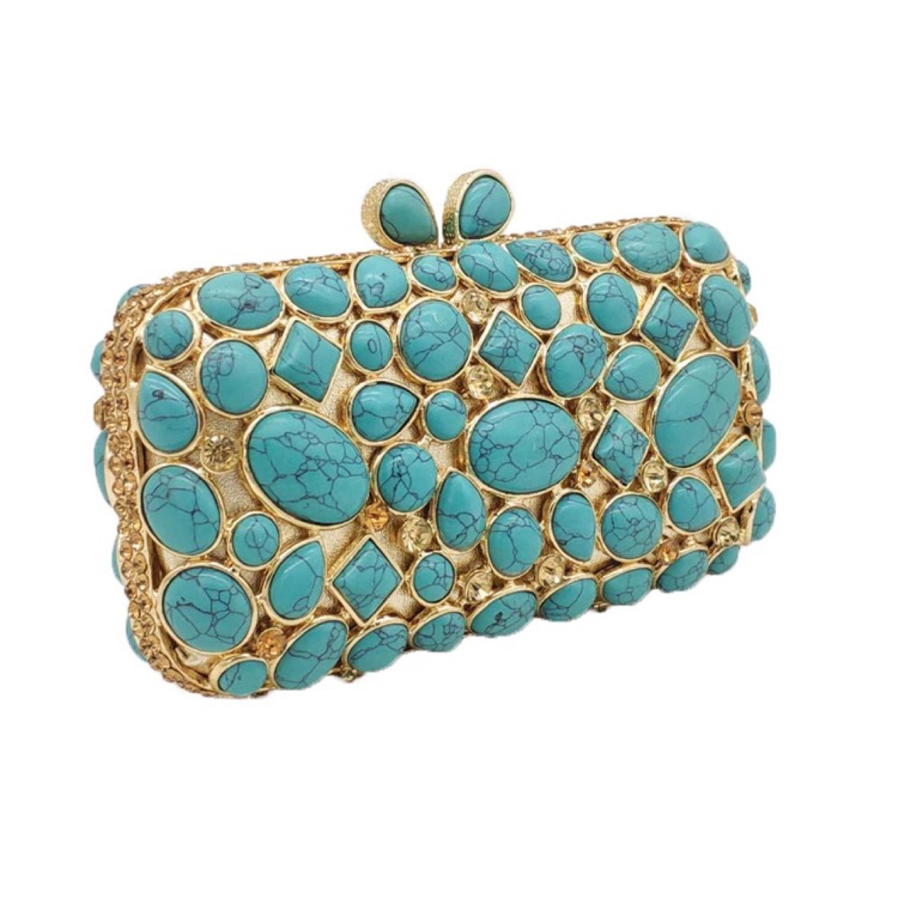 Túi clutch dạ tiệc đính đá rhinestone mã não màu ngọc lam — Màu vàng chi tiết 8