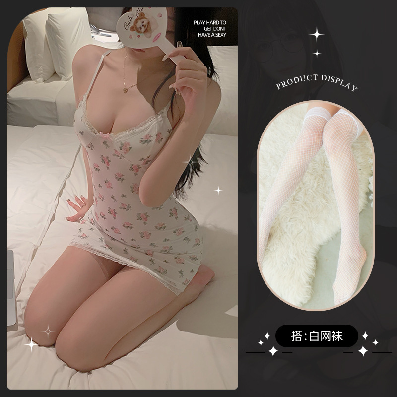 작은 꽃무늬 [가슴 패드 포함] + 흰색 망사 스타킹