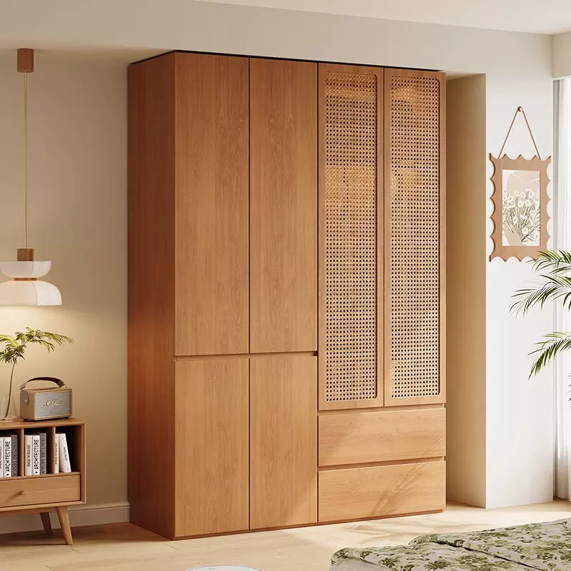 全实木衣柜橡木ENF级日式原木风藤编工艺柜门分段式免拉手大衣橱