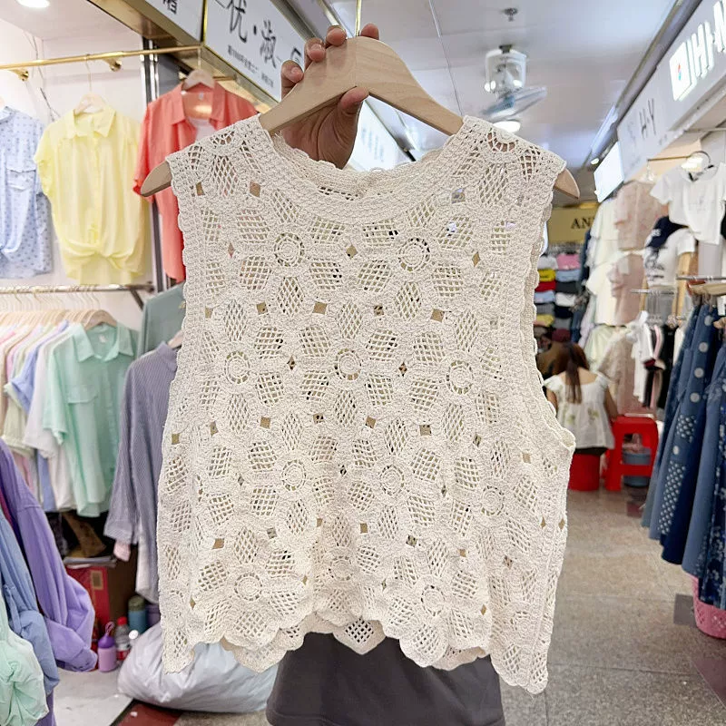 Курортный ветер трикотажный кружевной без рукавов трикотажный жилет топ женский летнее ремесло