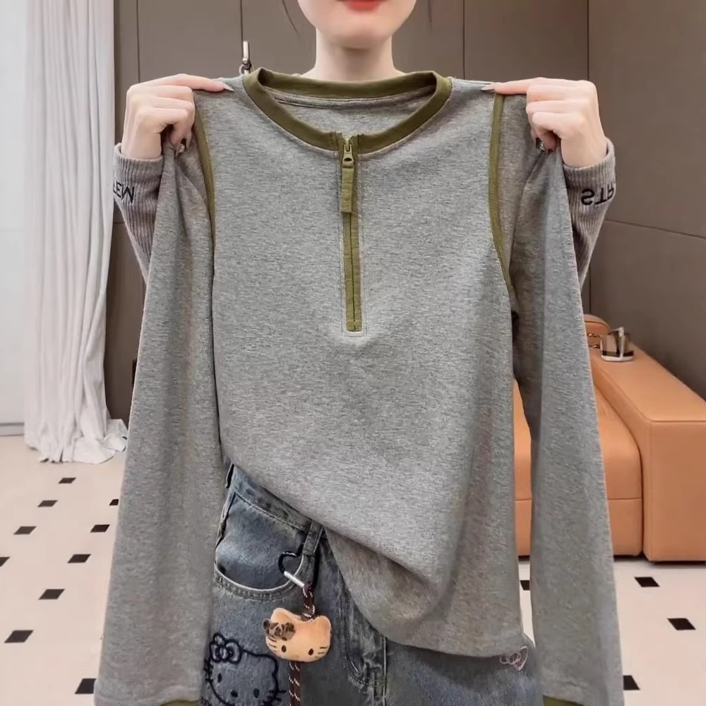 Plus-Size Color-Block Half-Zip Long-Sleeve T-Shirt for Women, New Autumn/Winter Style, Slimming Design, Pure Cotton Base Shirt Top