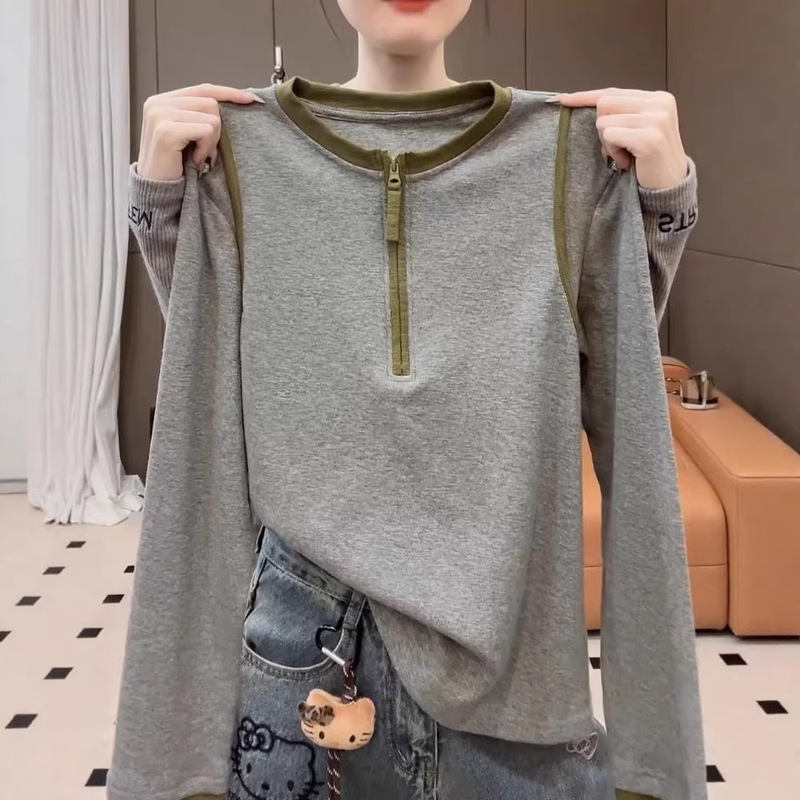 Plus-Size Color-Block Half-Zip Long-Sleeve T-Shirt for Women, New Autumn/Winter Style, Slimming Design, Pure Cotton Base Shirt Top Plus-Size Color-Block Half-Zip Long-Sleeve T-Shirt for Women, New Autumn/Winter Style, Slimming Design, Pure Cotton Base Shirt Top