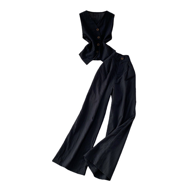 Women's Retro Style Two Piece Set Sleeveless V-Neck Jacket & High-Waisted Wide Leg Trousers Slimming Summer Pant Suit_ecoleips.com