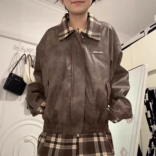 ECOK秋季美式复古宽松潮牌美拉德格子拼接夹克街头百搭皮衣外套女