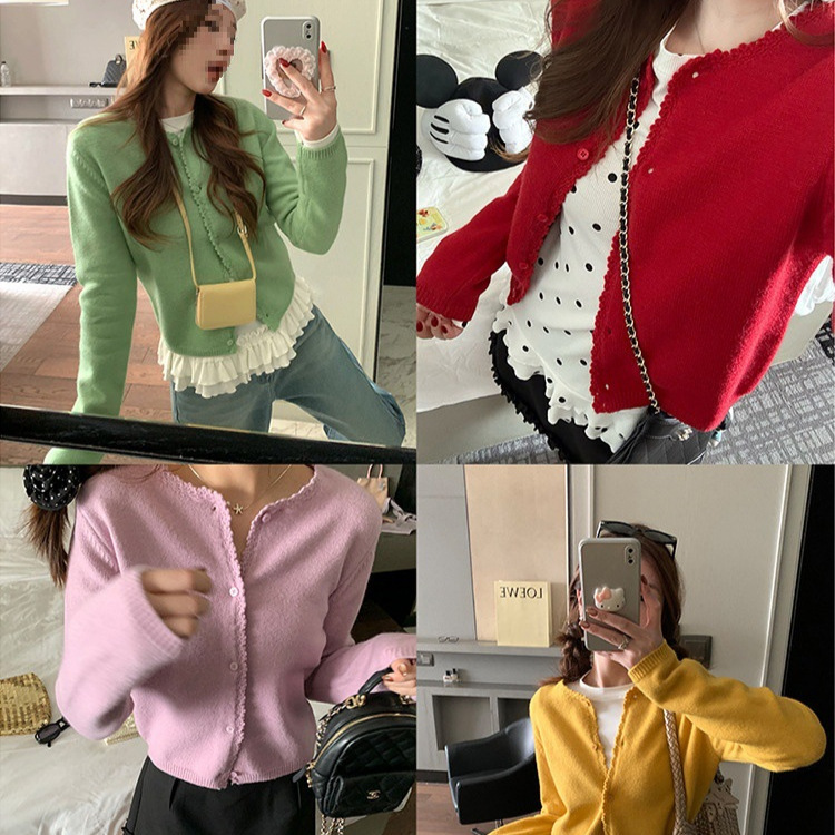 [Ready Stock] Im Green Hand Hook Lace Versatile Knitted Cardigan Women's Small V Neck Soft Waxy Knitted Top