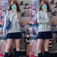 两件套/单件学院风秋冬季灰色v领毛衣套头针织衫长袖百褶裙衬衫