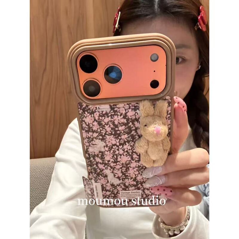 Japanese and Korean Style Brown Floral Plush Rabbit Phone Case for Apple 17, 16 Pro Max, 3D 15 Air Cushion Protective Cover Japanese and Korean Style Brown Floral Plush Rabbit Phone Case for Apple 17, 16 Pro Max, 3D 15 Air Cushion Protective Cover