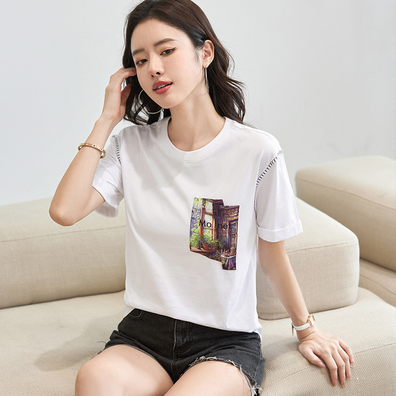 夏季专柜时尚女士T恤韩版纯棉休闲薄款时髦简约气质小个子短袖女