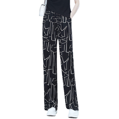 Mid-to-Old Age Mother Straight Leg Straight Leg Pants Quick-Drying Ice Silk Summer Thin Version Loose Chiffon Casual Fat Person Flowery Pants